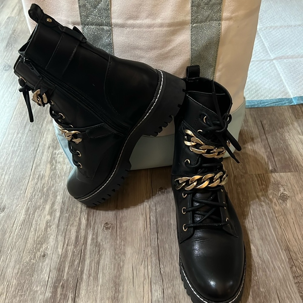 Carvela women’s Salute black leather chain, biker boots.